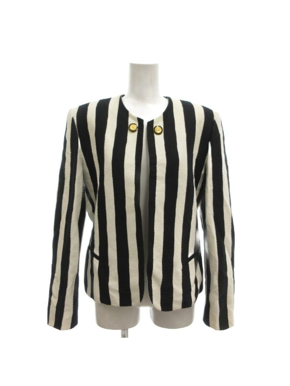 Dior Collarless Jacket Open Front Striped Pattern Gold Buttons Short Length